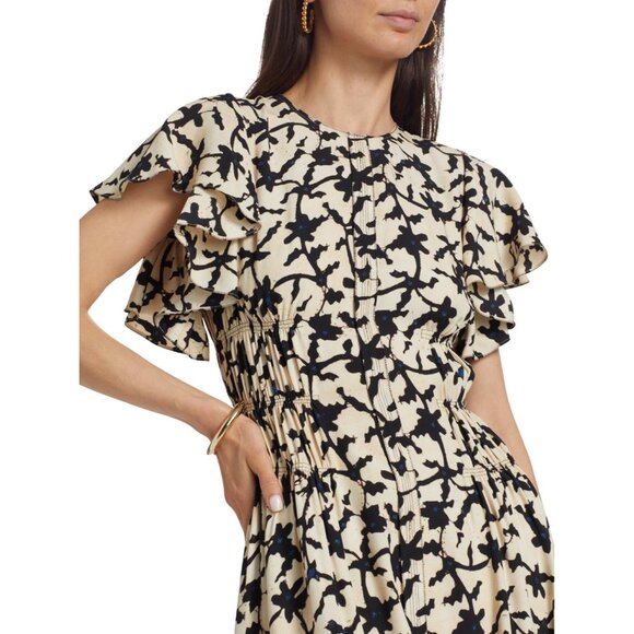 ULLA JOHNSON Anais ruffled printed crepe midi‎ dress in Beige Black 4 - Picture 4 of 16